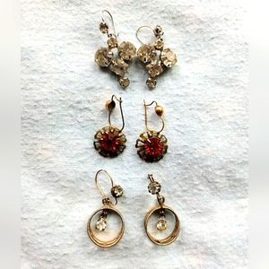 Vintage Lot 3 Pairs, Dangle Earrings, Silvertone, Goldtone, Pink & Clear Stones